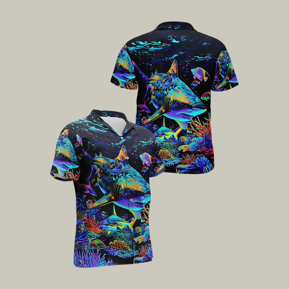 Neon Shark Hawaiian Shirt Colorful Ocean Aloha Underwater Sea Life Shirt Unique Gift For Him