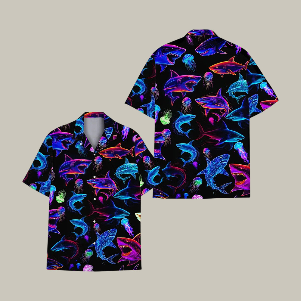 Neon Shark Hawaiian Shirt Shark Aloha Graphic Shirt Great Gift For Shark Lovers