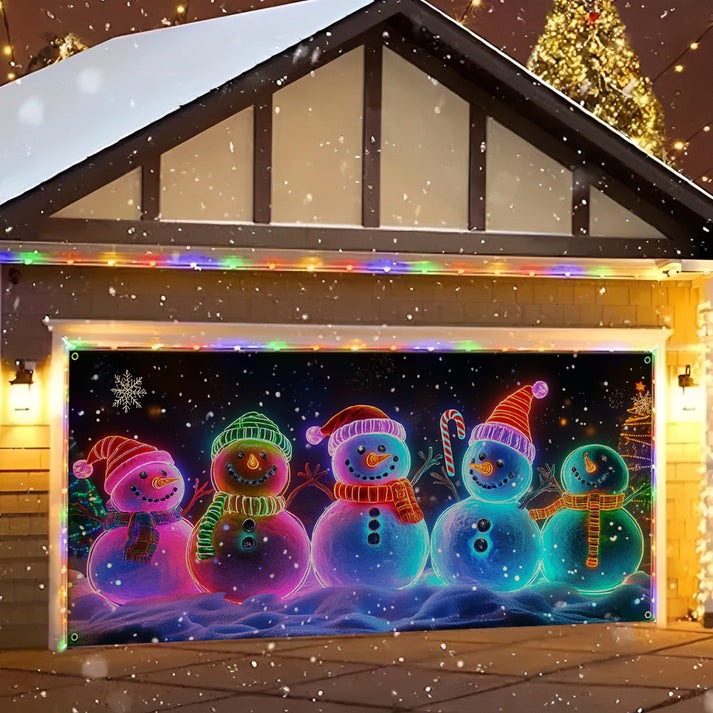 Neon Snowman Family Christmas Garage Door Cover Colorful Light Glow Outside Decor Gifts
