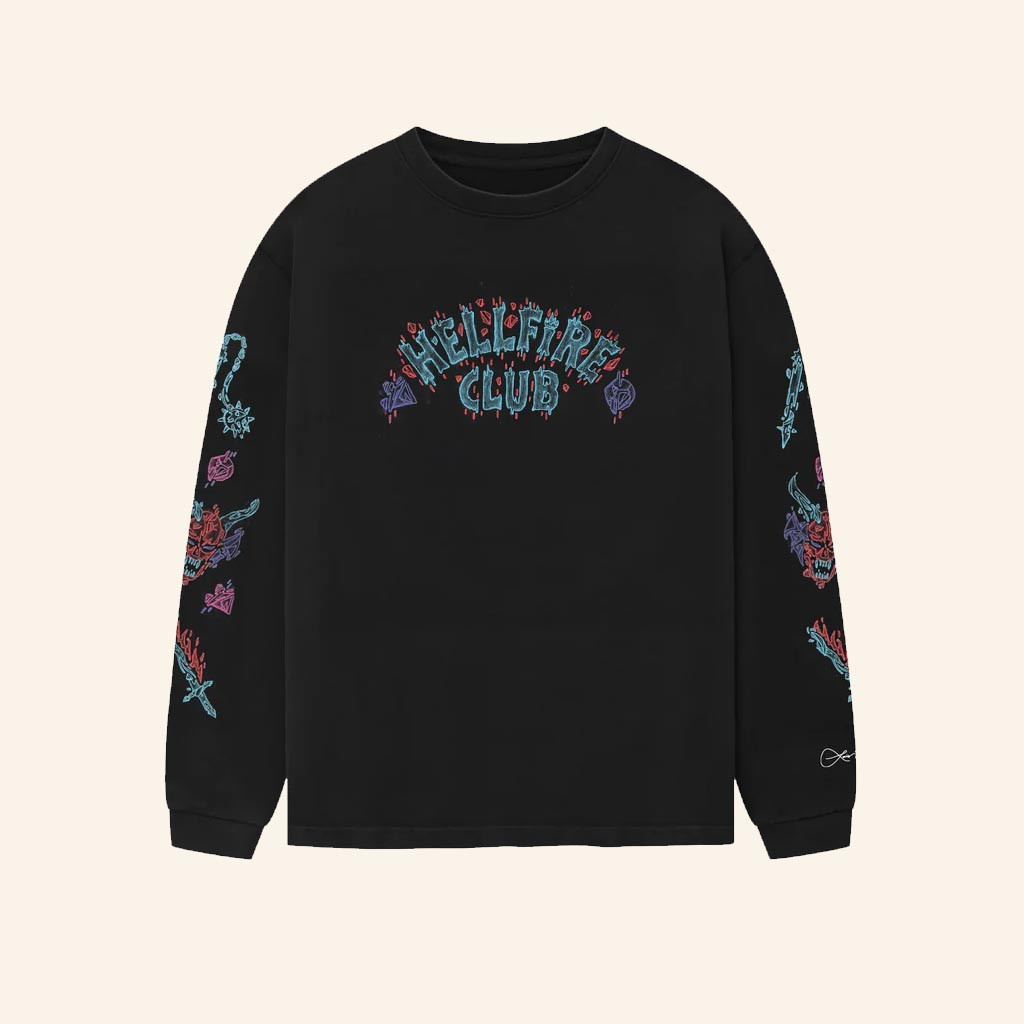 Netflix Merch Stranger Things X Louis De Guzman Hellfire Club Long Sleeve T-Shirt Fan Apparel Netflix Merch Stranger Things X Louis De Guzman Hellfire Club Long Sleeve T-Shirt Fan Apparel
