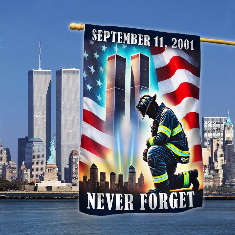Never Forget 11th September Patriot Day 911 Kneeling Firefighter Flag