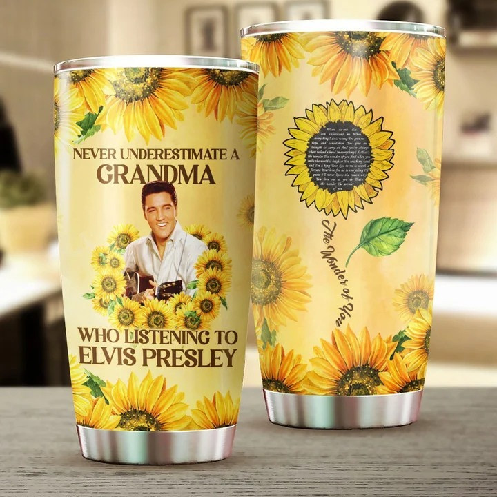 Never Underestimate Grandma Who Listening Elvis Presley Tumbler Sunflower Gifts For Fans