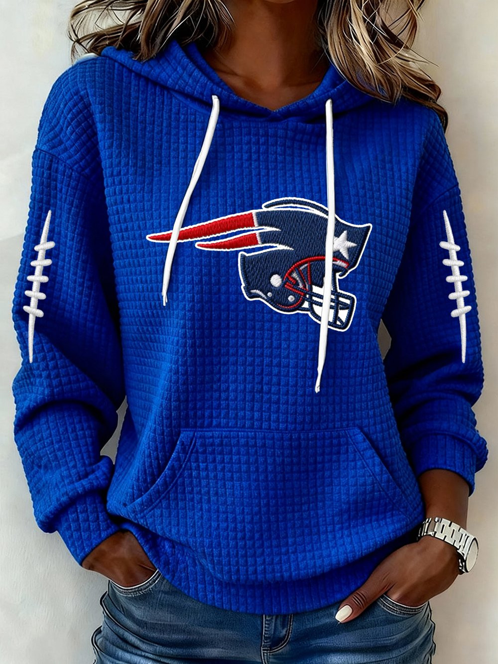 New England Football Go Pats Waffle Hoodie NE Patriots Merch Game Day Hoodie Blue