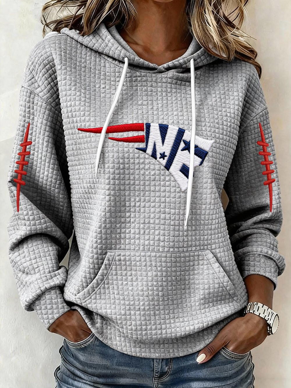 New England Football Go Pats Waffle Hoodie NE Patriots Merch Game Day Hoodie Grey
