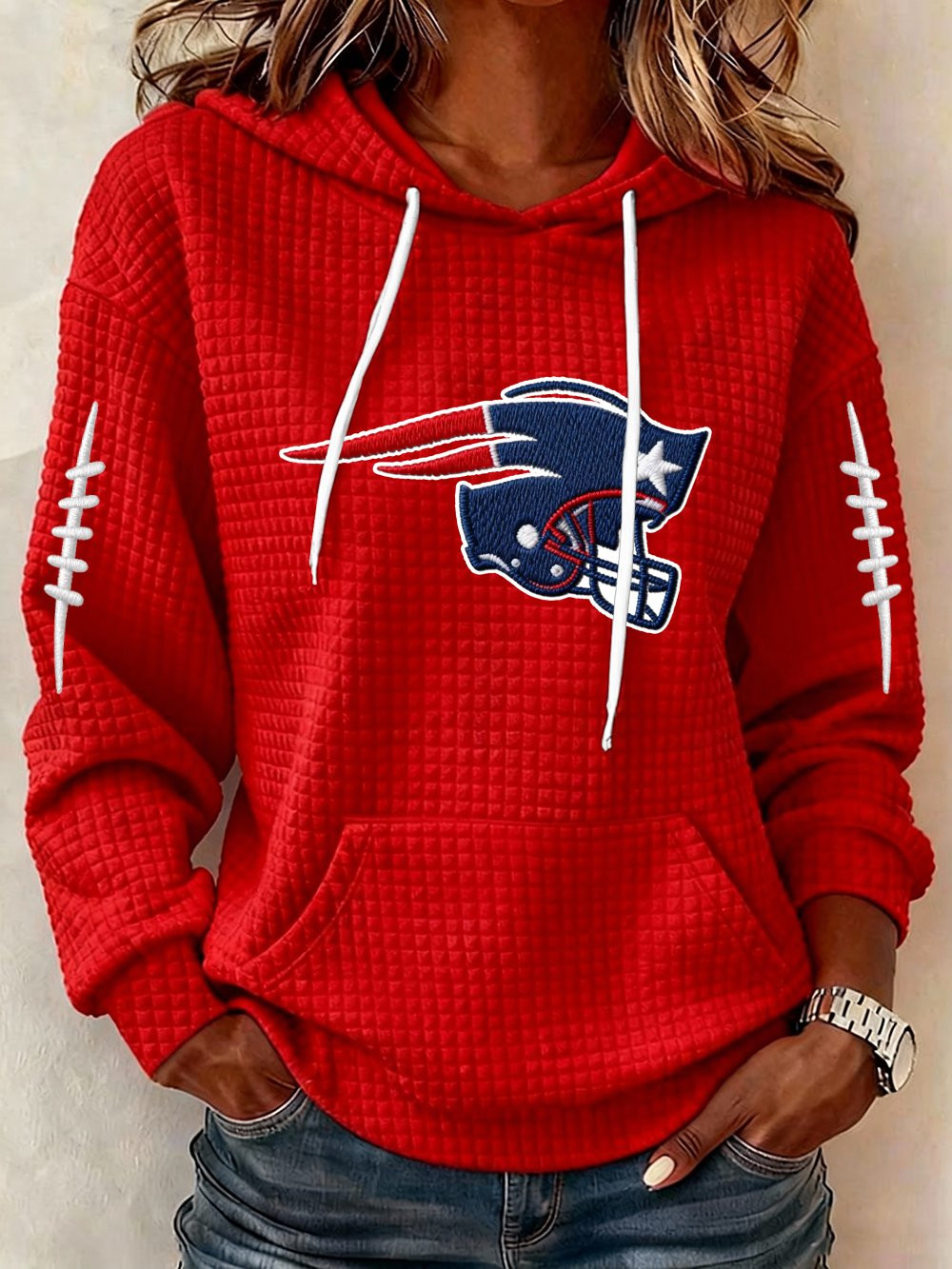 New England Football Go Pats Waffle Hoodie NE Patriots Merch Game Day Hoodie Red