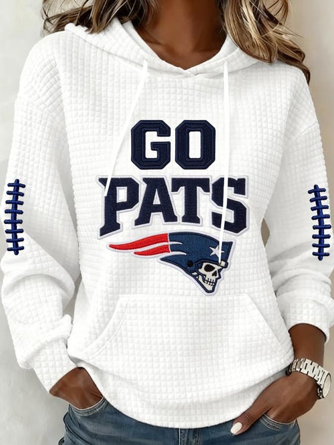 New England Football Go Pats Waffle Hoodie NE Patriots Merch Game Day Hoodie White
