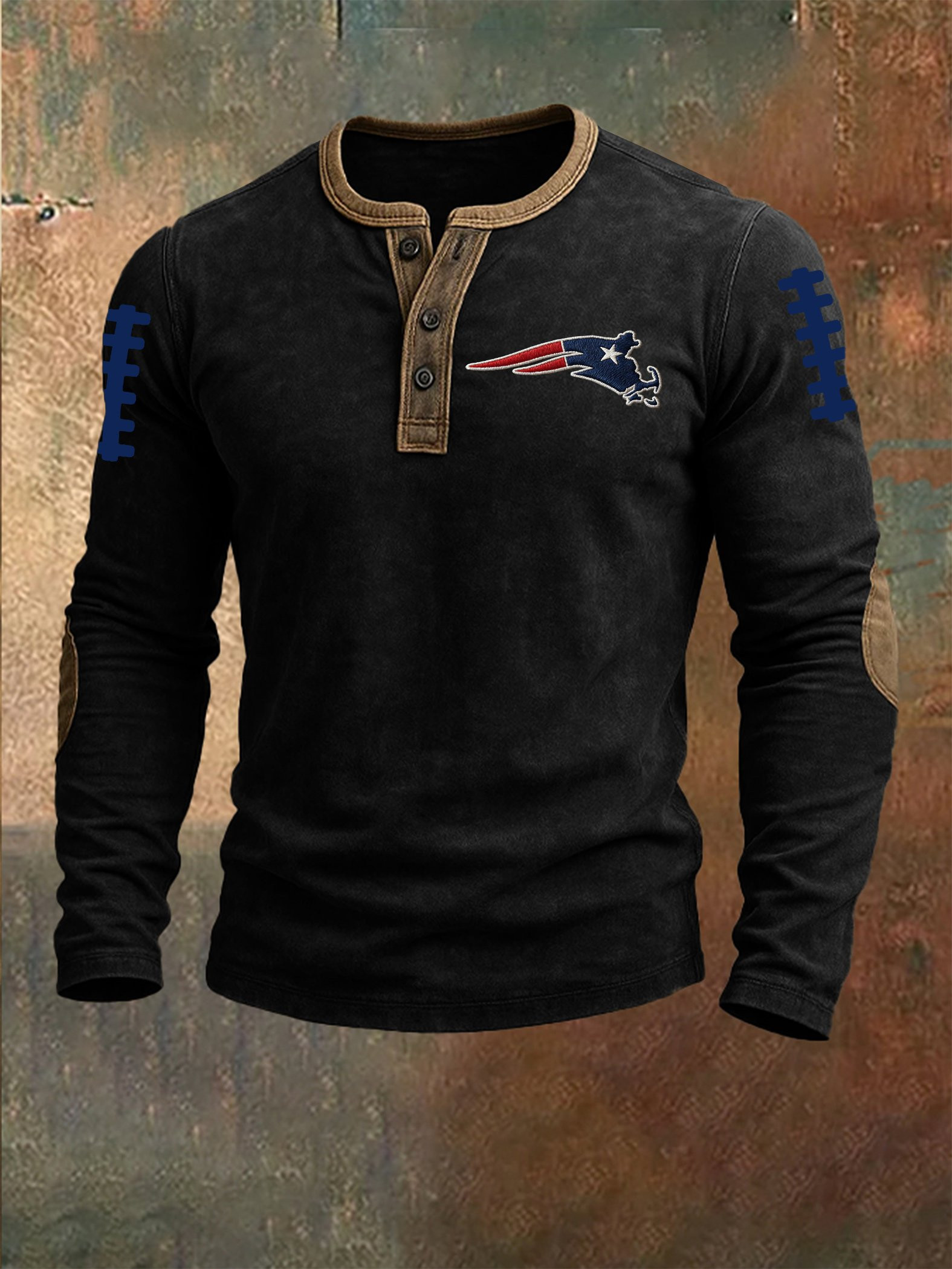 New England Football Henley Long Sleeve T-Shirt Patriots Merch NE Game Day Clothing