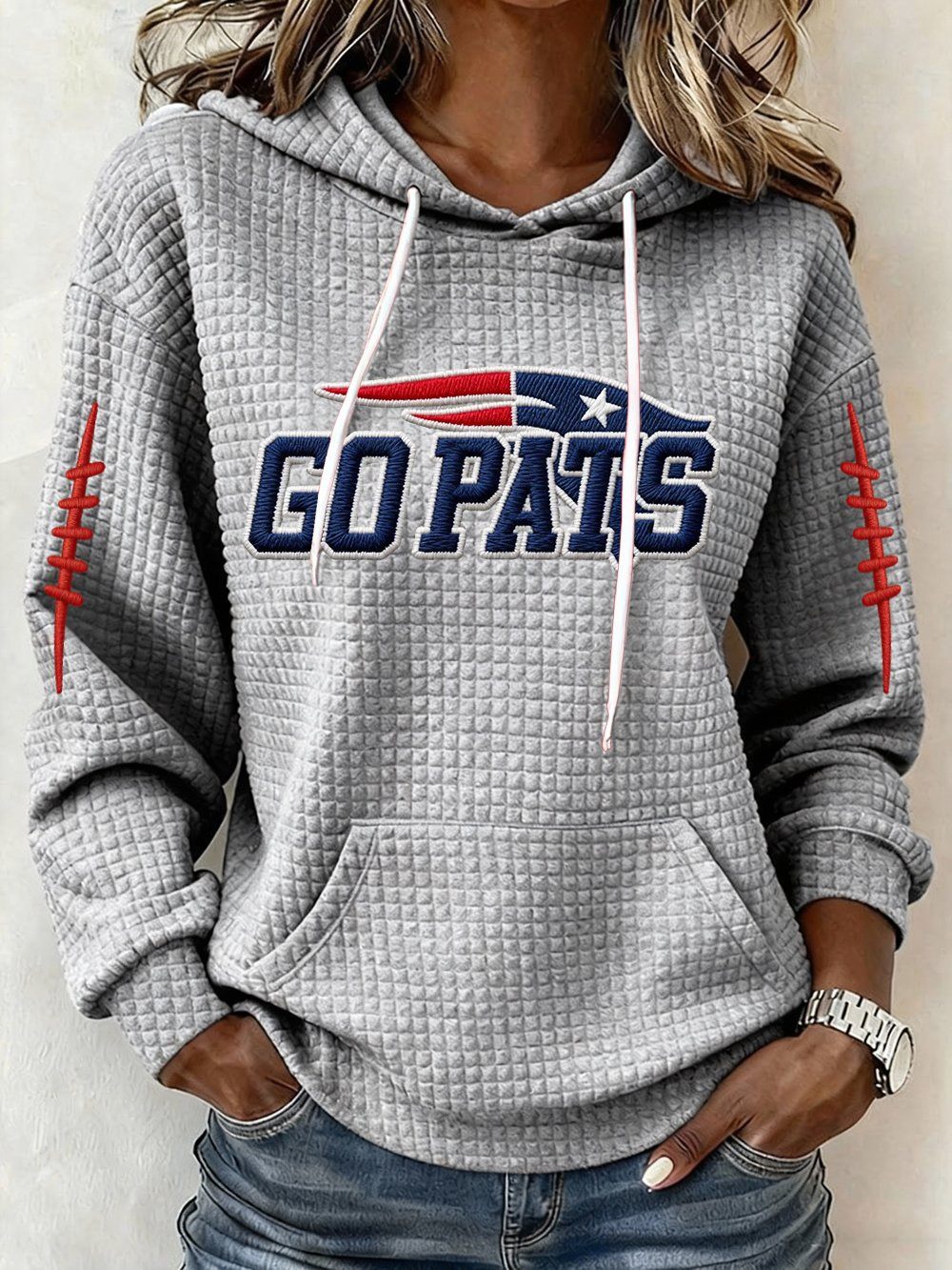 New England Football NEP Waffle Hoodie NE Patriots Merch Go Pats Game Day Hoodie Grey