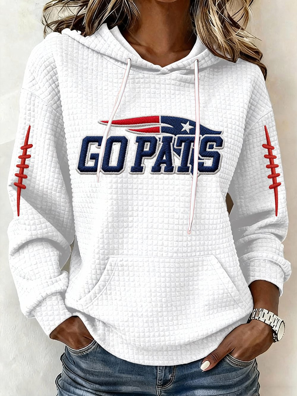 New England Football NEP Waffle Hoodie NE Patriots Merch Women's Game Day Apparel Go Pats