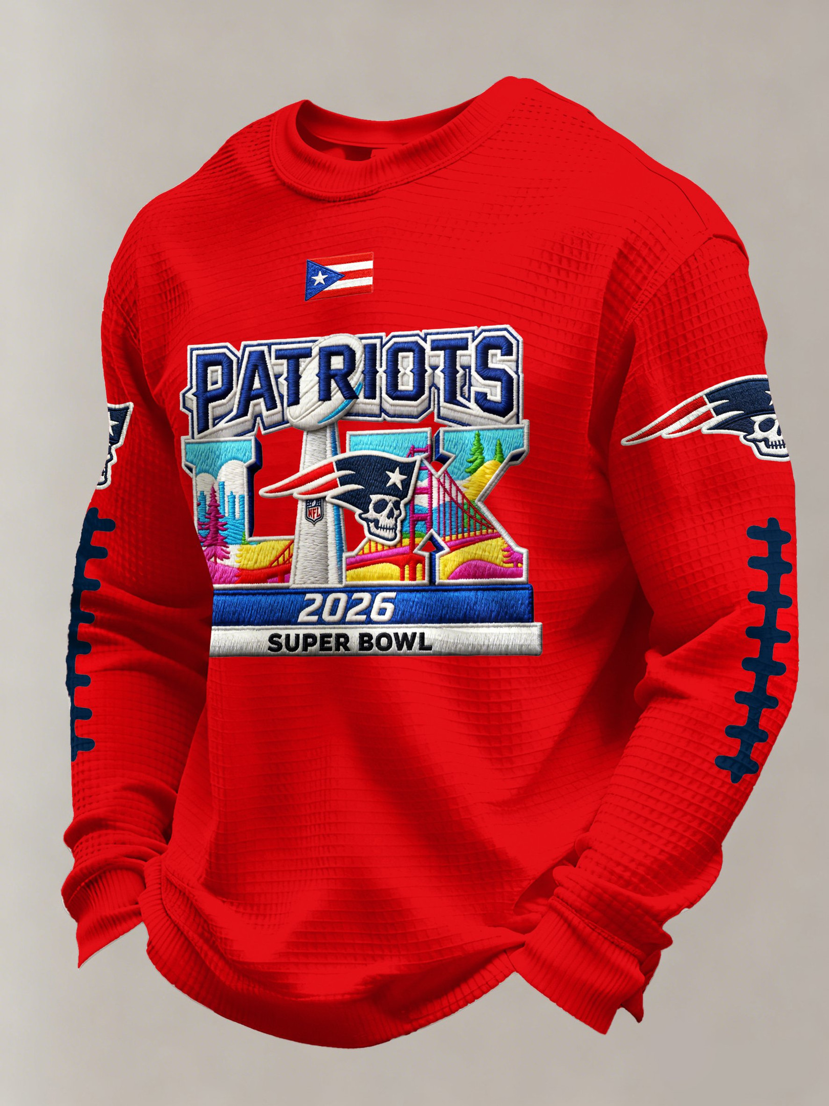 New England Football Super Bowl Waffle Long Sleeve Shirt NE Patriots Merch Red