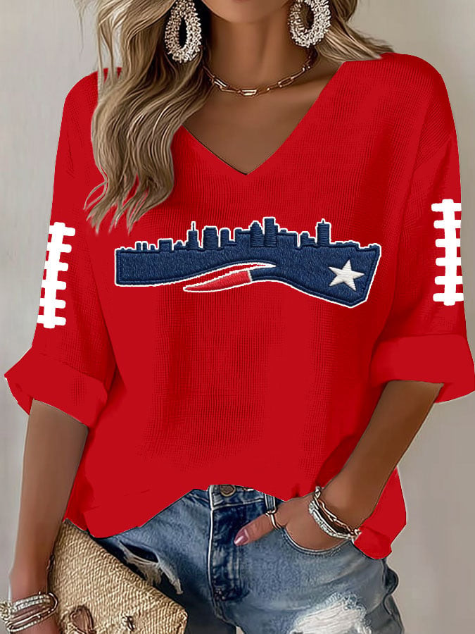 New England Football V-Neck T-Shirt Patriots Merch NEP Game Day Shirt Fan Clothing Red
