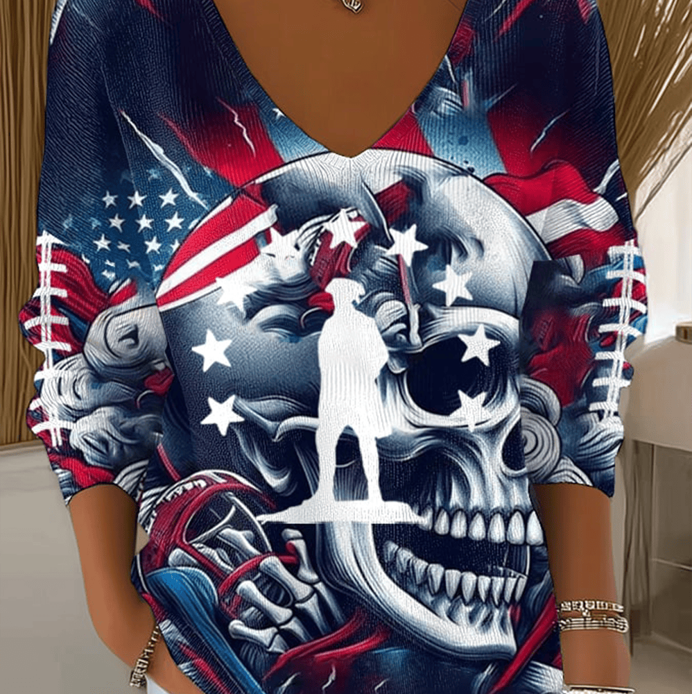 New England Patriots Football V-Neck Long Sleeve Shirt Skeleton Art New England Patriots Clothing