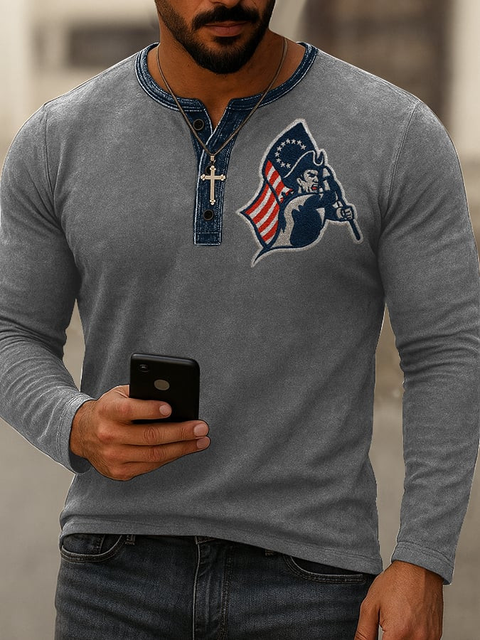 New England Patriots Merch Pat Patriot Button Long Sleeve Shirt Football Clothing Men's Gifts