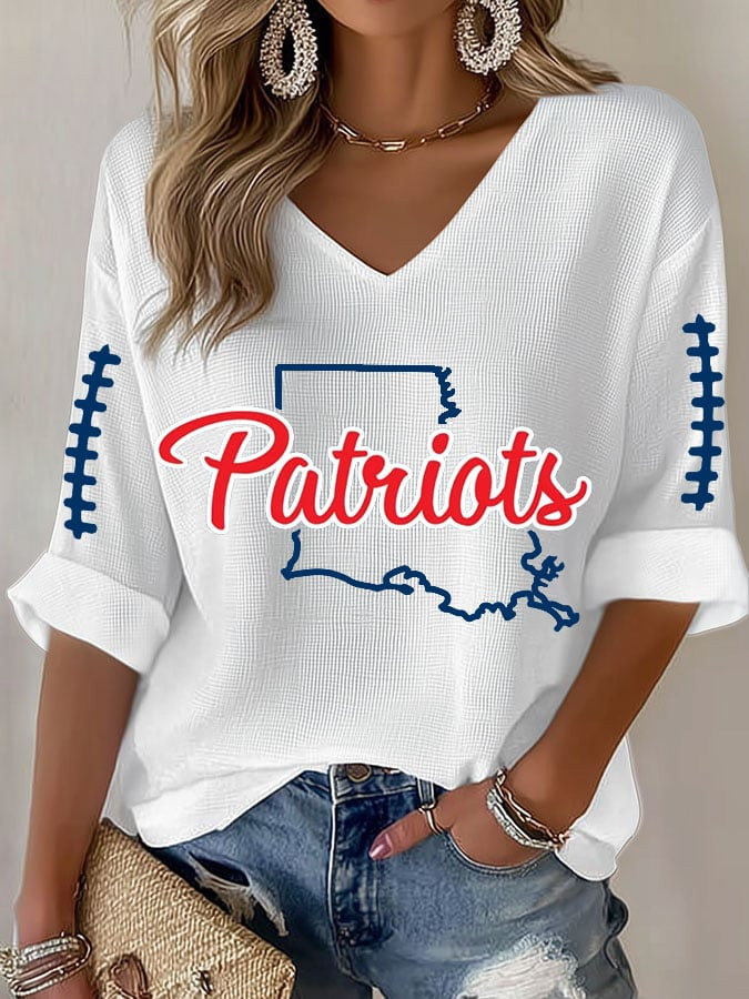 New England Patriots Merch Patriots V-Neck Long Sleeve Shirt Football Apparel Great Gifts For Her