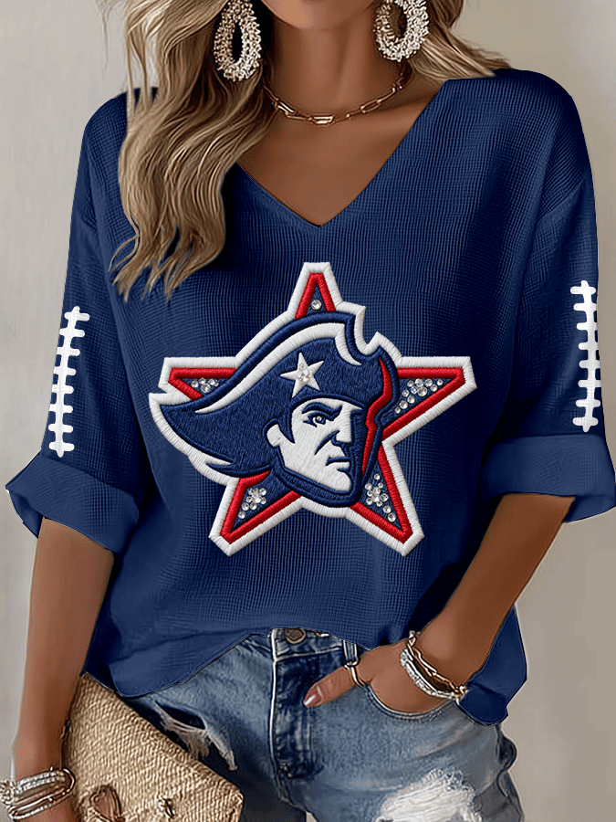 New England Patriots Merch Star Graphic V-Neck Long Sleeve Football Clothing Gift Idea For Fans