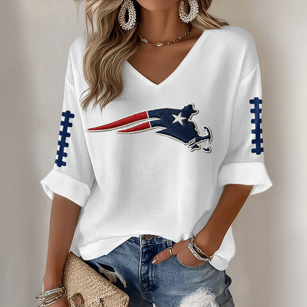 New England Patriots V-Neck Long Sleeve Shirt Football Apparel Game Day Outfit