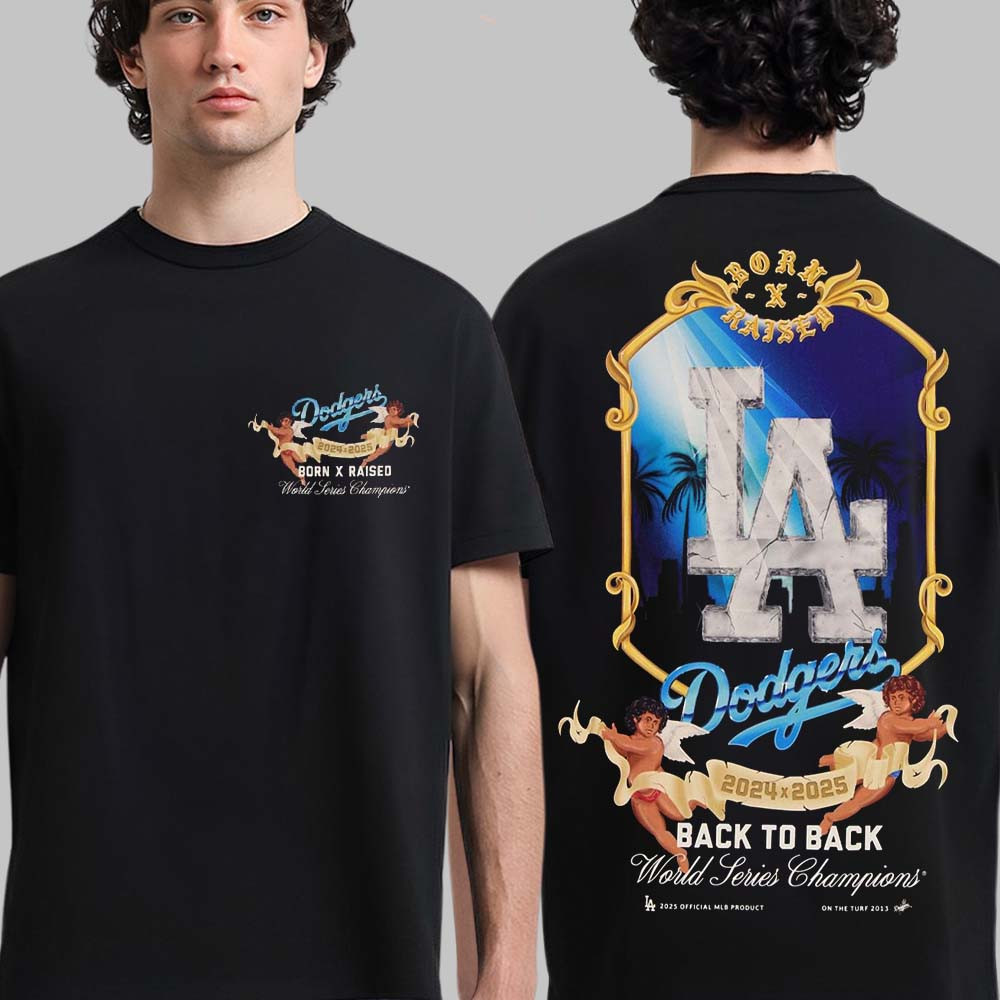 New Era Los Angeles Dodgers X Born x Raised Angels Back To Back Champs T-Shirt Baseball Fan Merch