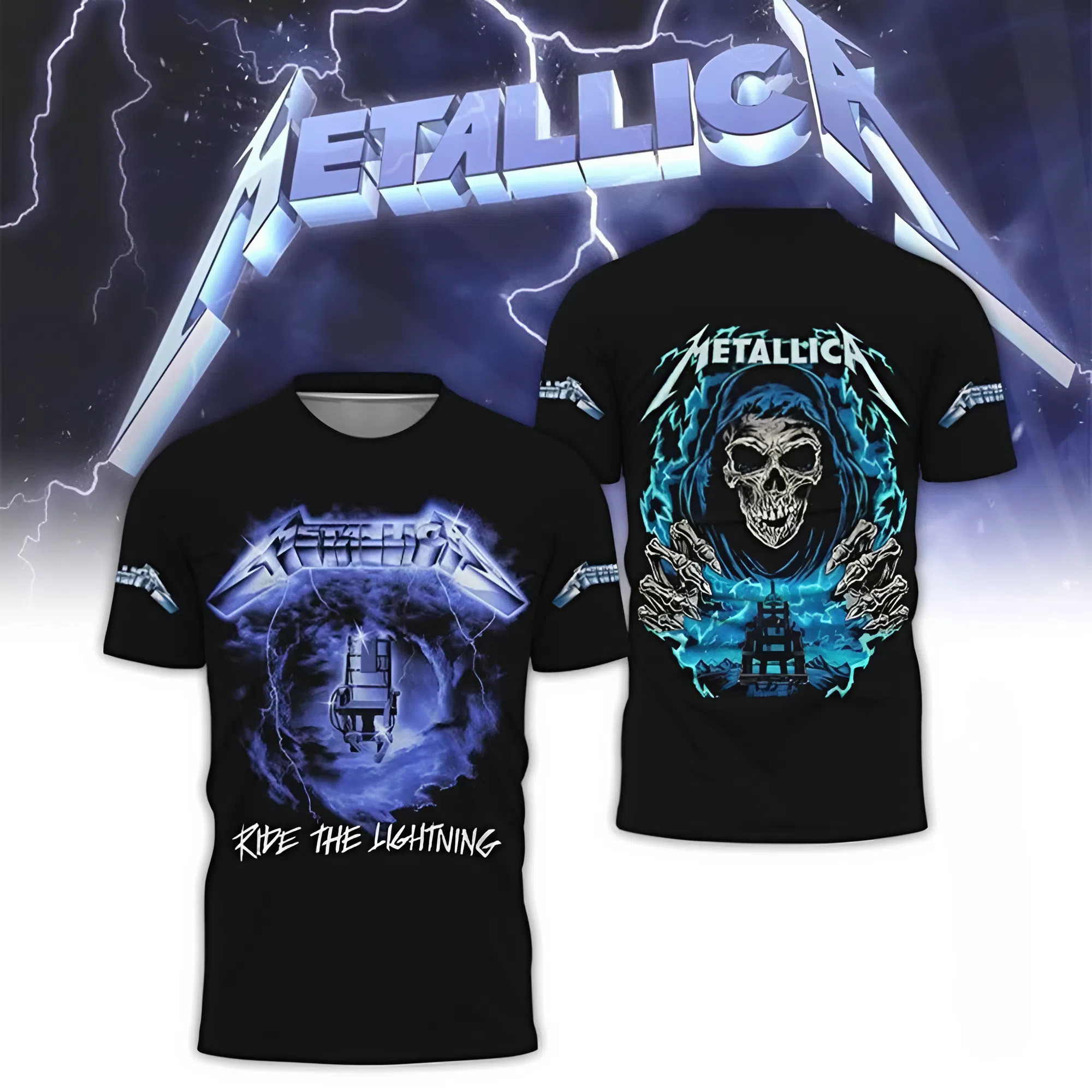 New Metallica Shirt Ride The Lightning T-Shirt Skull Lightning Graphic Tee Best Gift For Metallica Fans