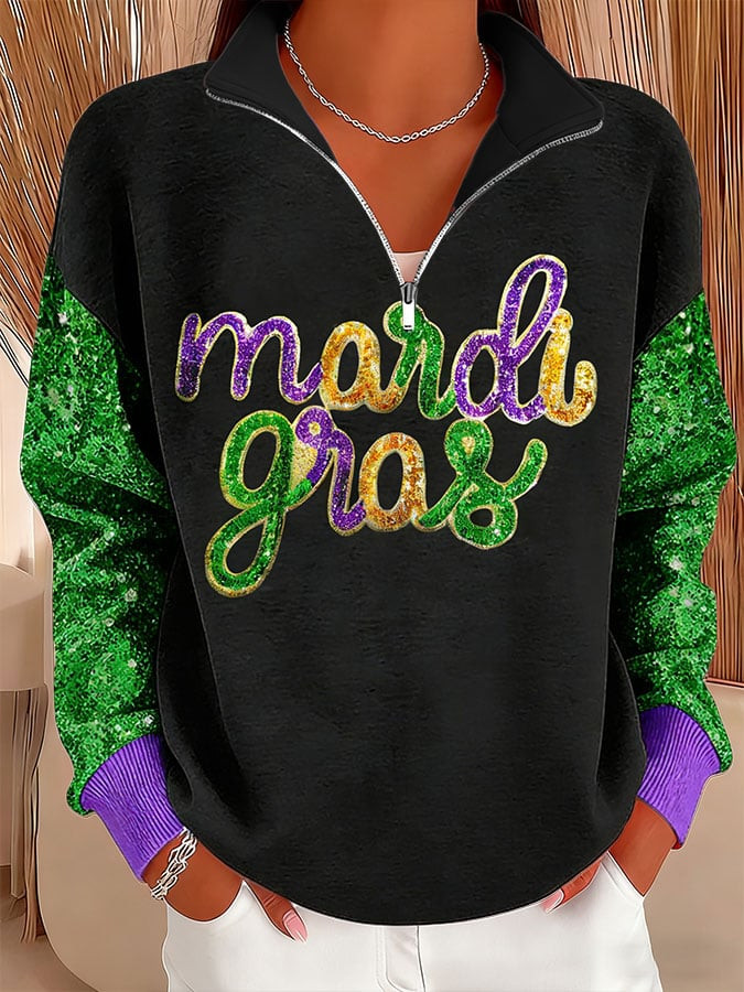New Orleans Mardi Gras Zip Stand Collar Sweatshirt Fleur De Lis Mardi Gras Apparel For Women
