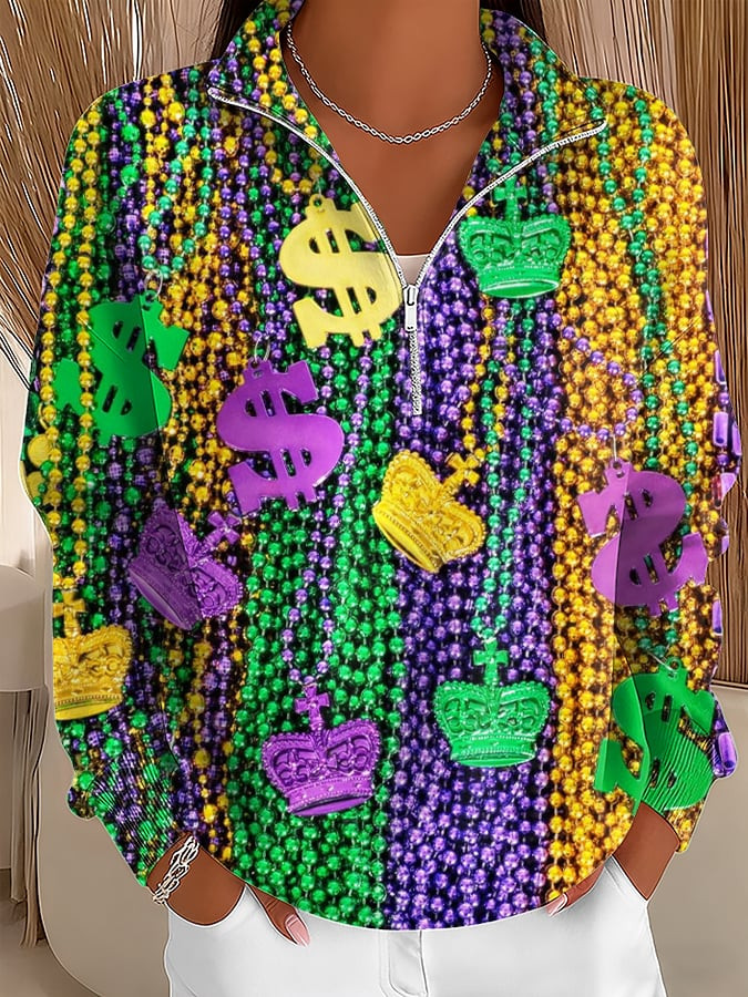 New Orleans Mardi Gras Zip Stand Collar Sweatshirt Fleur De Lis Shirt Fat Tuesday Apparel