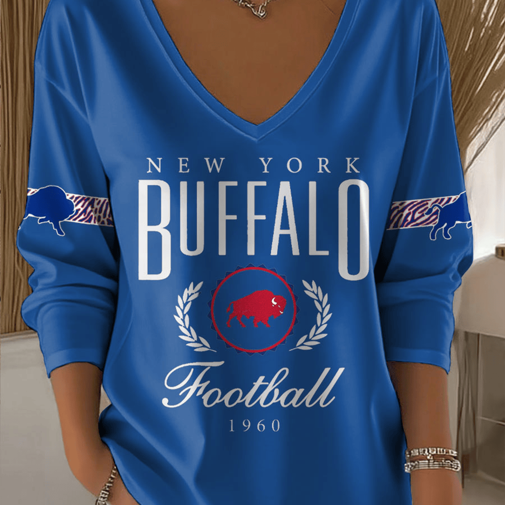 New York Buffalo Bills Football V-Neck Long Sleeve Shirt Buffalo Bills Clothing Line Gift For Her