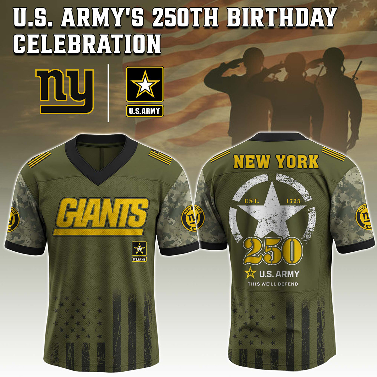 New York Giants US Army 250th Anniversary Football Jersey V-Neck Gift For Giants Nation