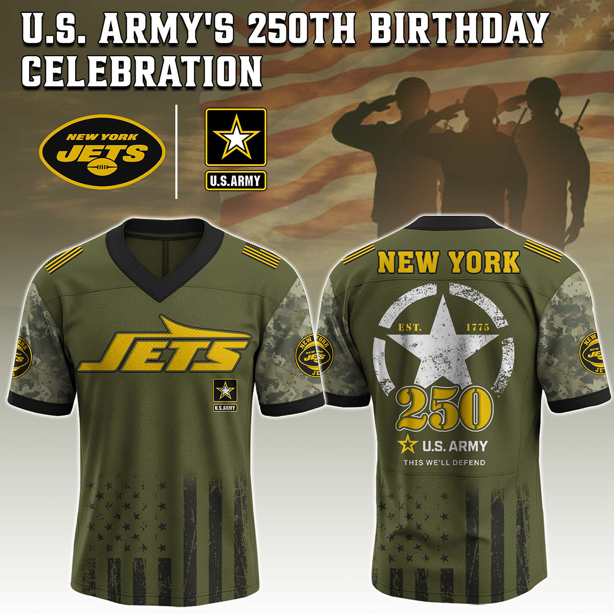New York Jets US Army 250th Anniversary Football Jersey V-Neck Gift For Jets Fans