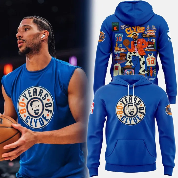 New York Knicks X Clyde's 80Th Birthday Hoodie Blue Basketball NY Knicks Fan Merch Gifts