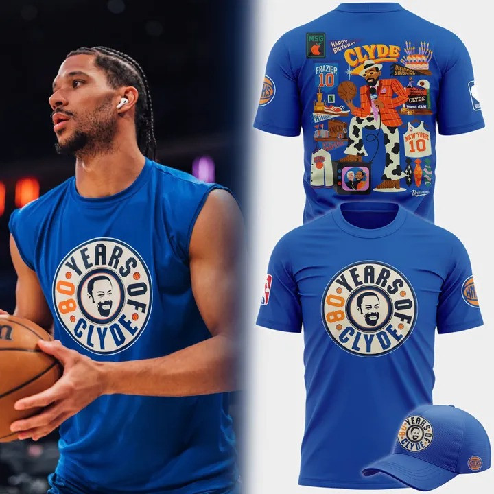 New York Knicks X Clyde's 80Th Birthday T-Shirt And Hat Basketball NY Knicks Fan Gear Merch