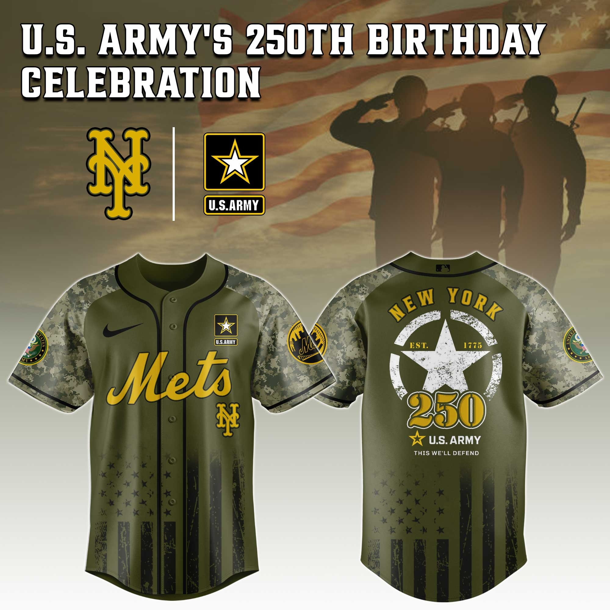 New York Mets MLB x US ARMY'S 250th Birthday Jersey Gifts For Baseball Fans