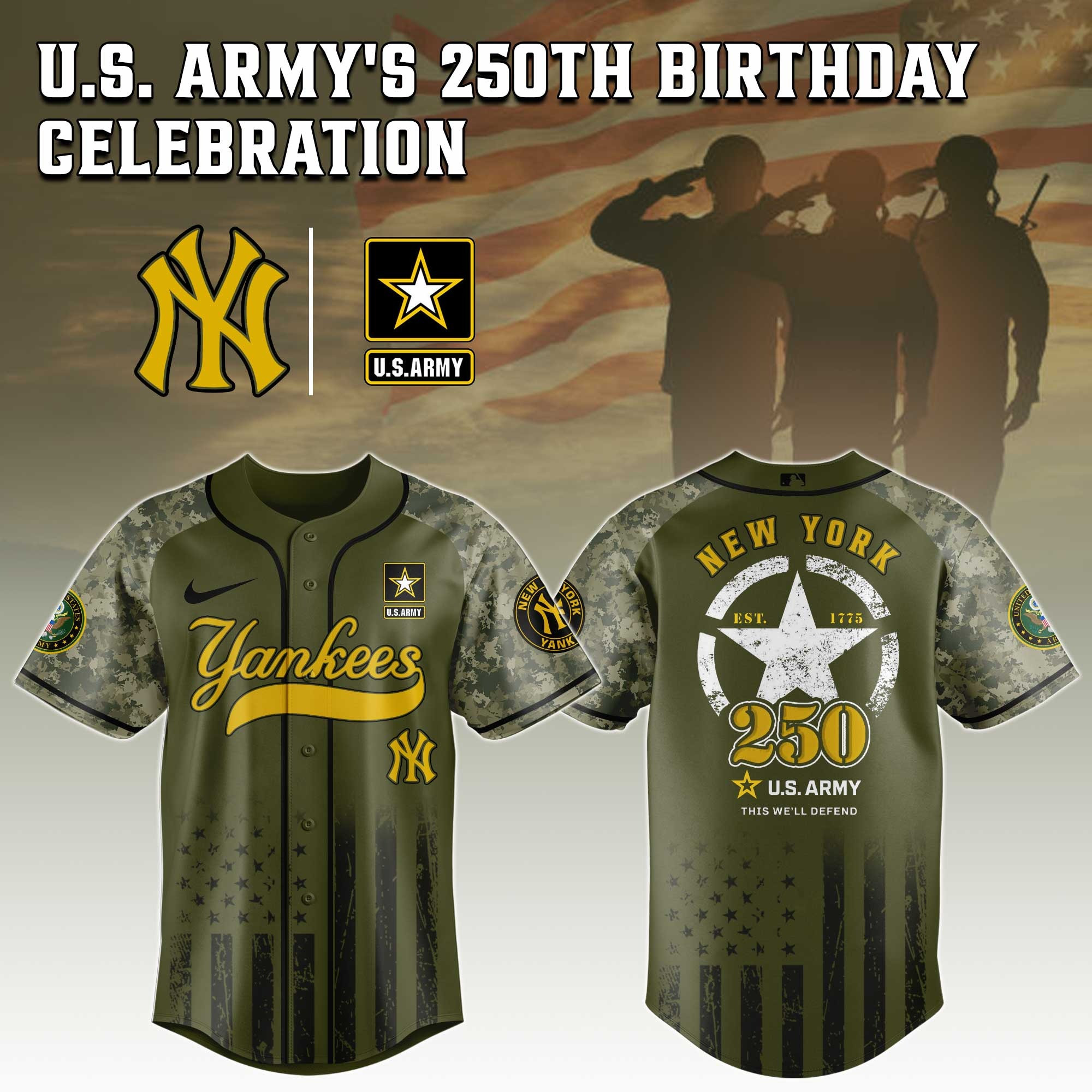 New York Yankees MLB x US ARMY'S 250th Birthday Jersey Best Gifts For Baseball Fans