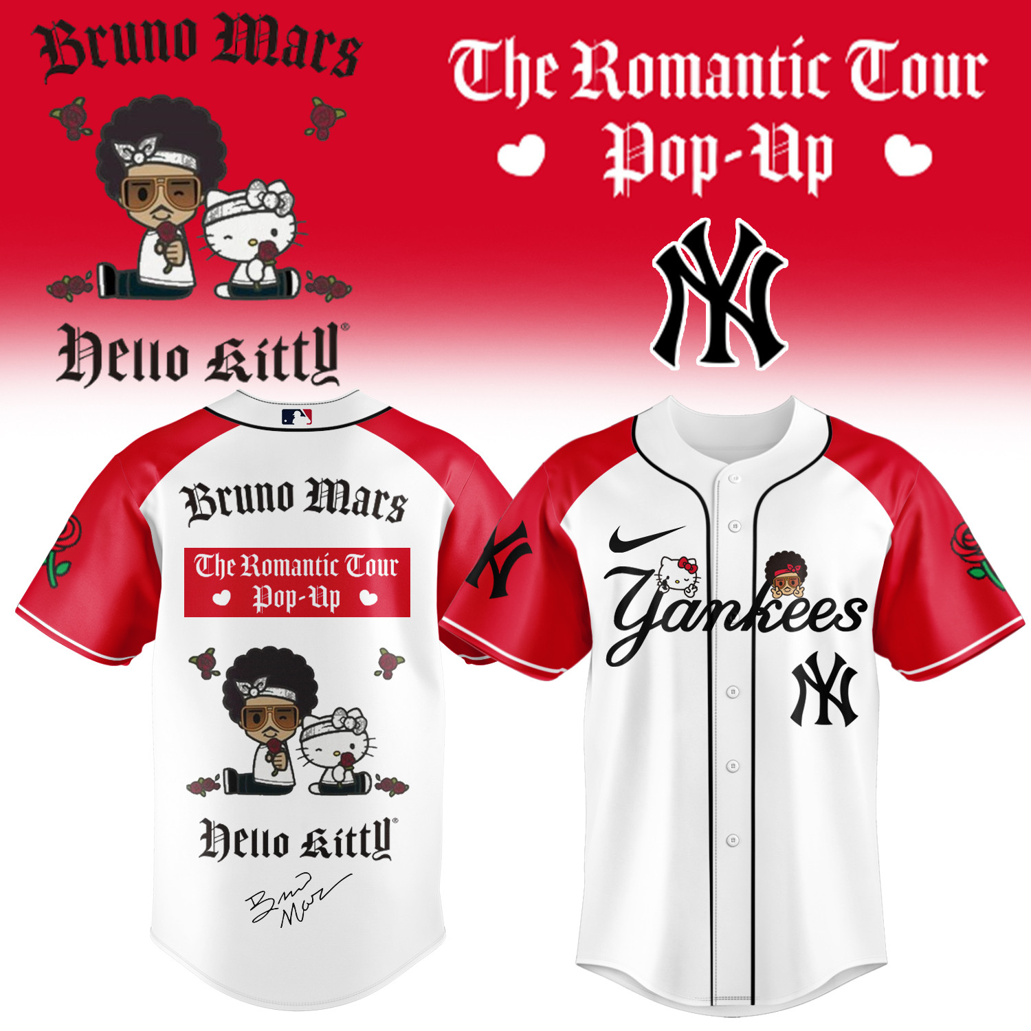 New York Yankees x Bruno Mars Hello Kitty Jersey The Romantic Tour 2026 Shirt Baseball Fans Gear