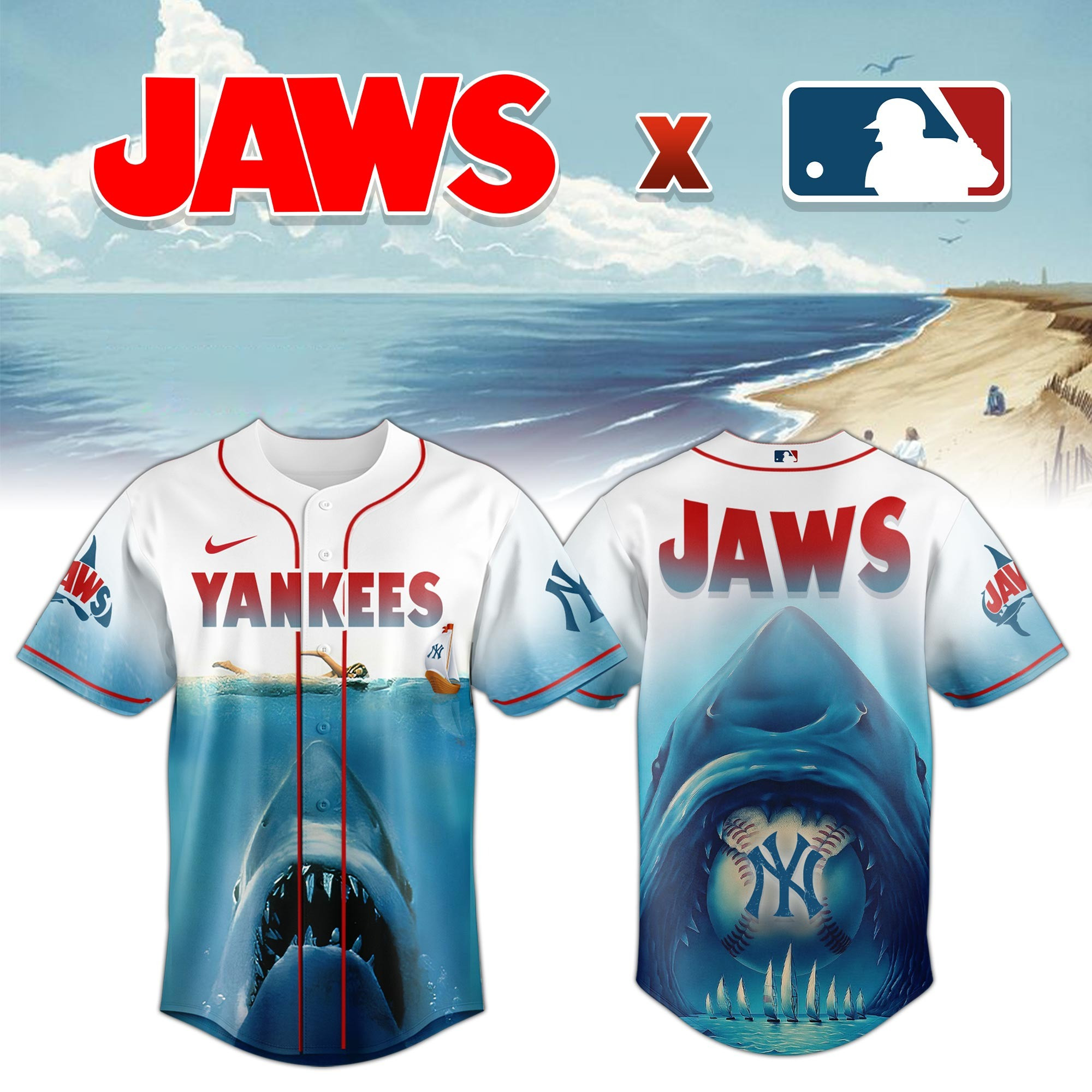 New York Yankees x JAWS Jersey MLB Merch Baseball Lovers Movie Gifts For Jaws Fans