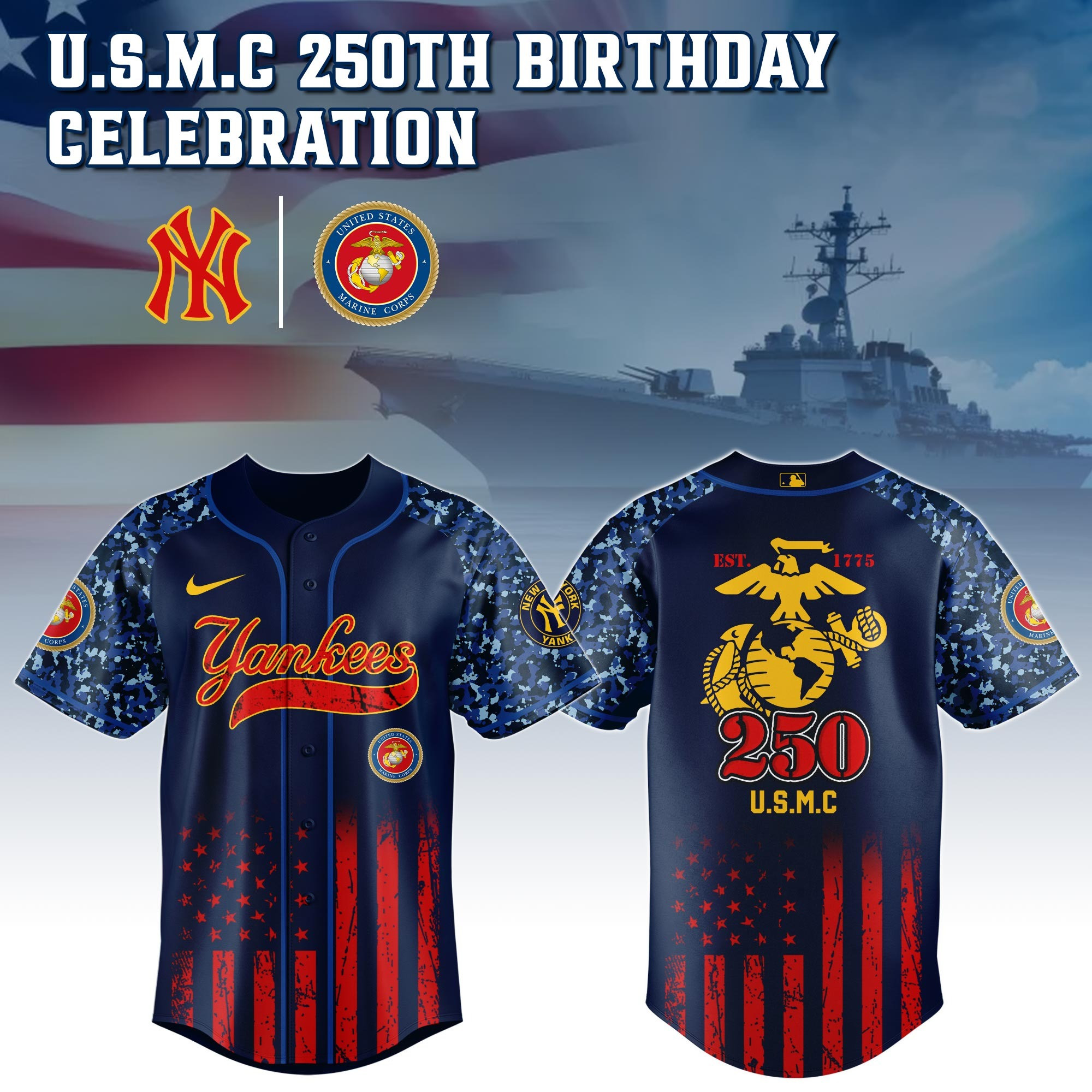 New York Yankees x US USMC 250th Birthday Jersey Baseball Lover Gift Ideas