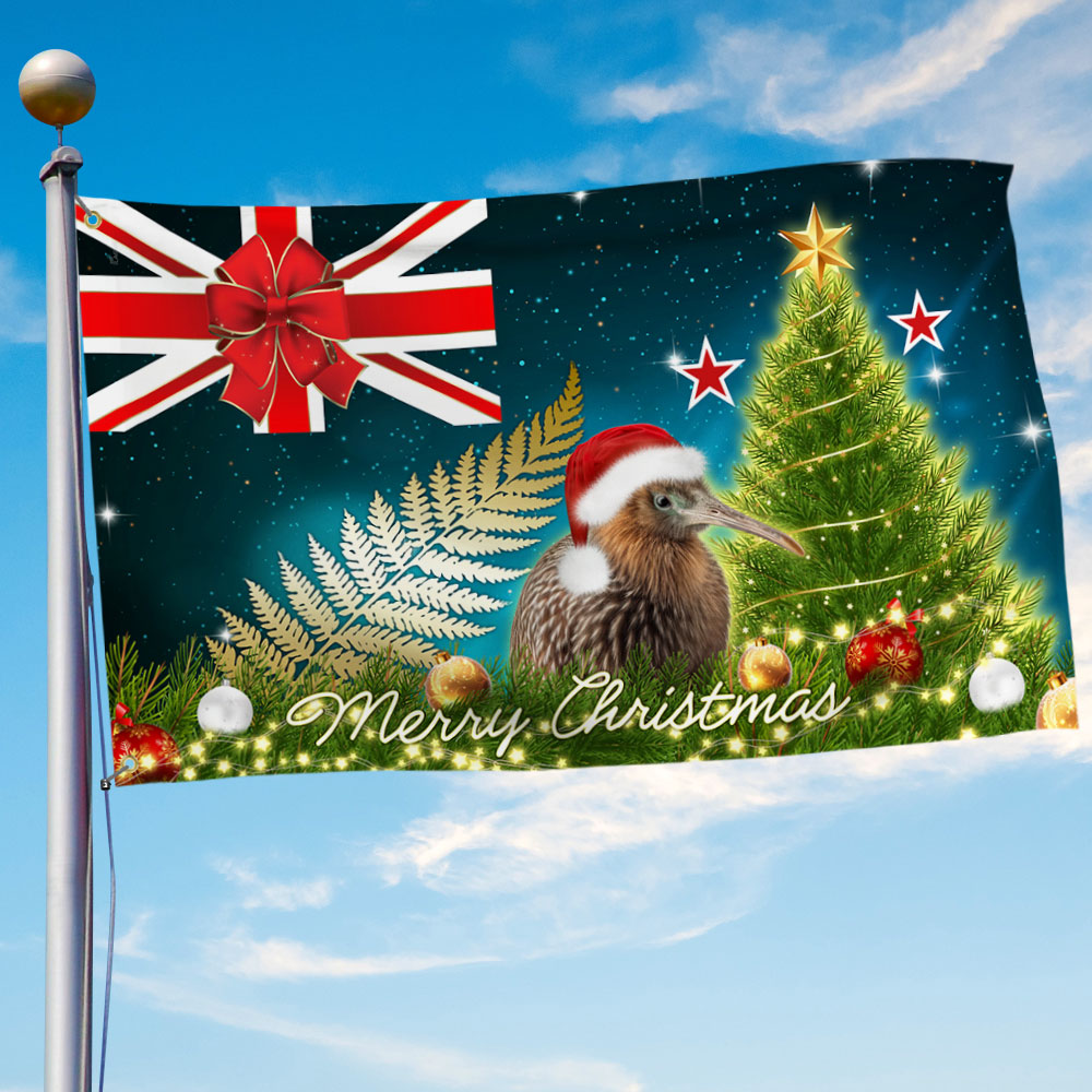 New Zealand Christmas Kiwi Bird And Fern Grommet Flag