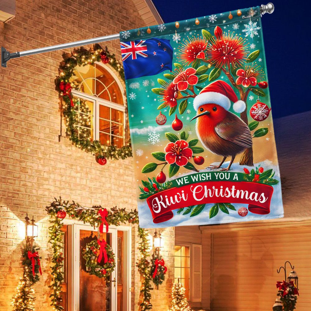 New Zealand Christmas Pohutukawa Tree And Kiwi Bird Flag