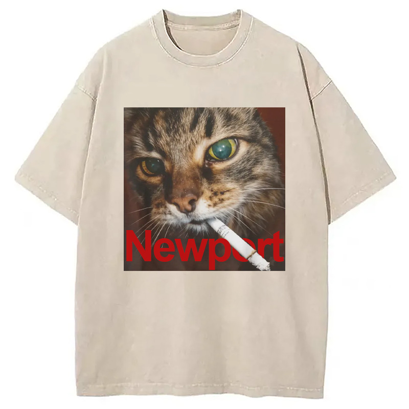 Newport Smoking Cat Meme Washed T-Shirt Trendy Everyday Casual Outfit Gifts For BFF