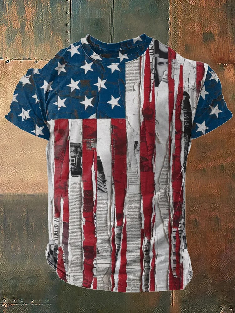 Newspaper American Flag T-Shirt Mens Graphic Tees 250th Anniversary Patriotic Fan Gear Gift