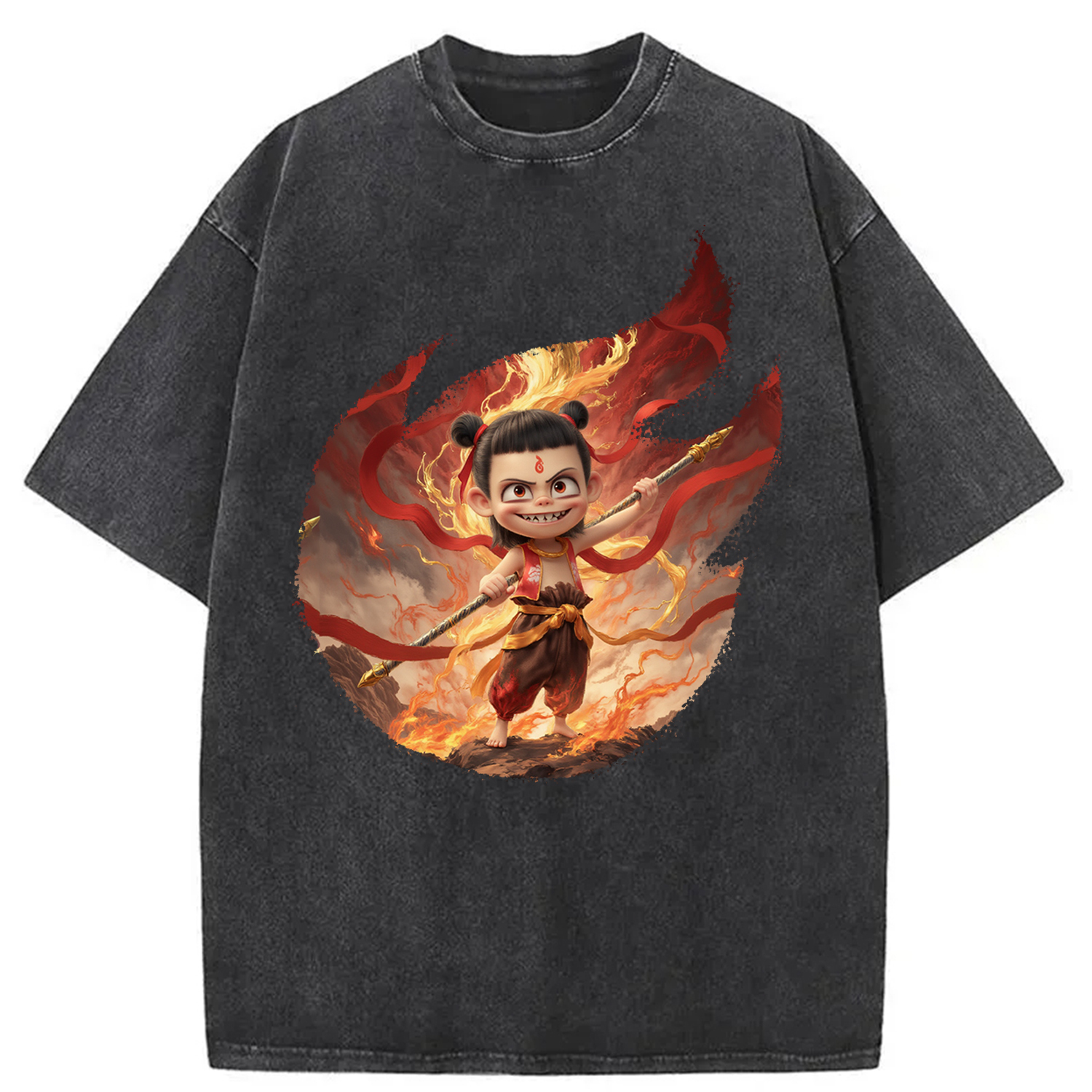 Nezha Fire Spear Anime Art Design Washed T-Shirt Retro Streetwear Graphic Top Gifts For BFF Nezha Fire Spear Anime Art Design Washed T-Shirt Retro Streetwear Graphic Top Gifts For BFF