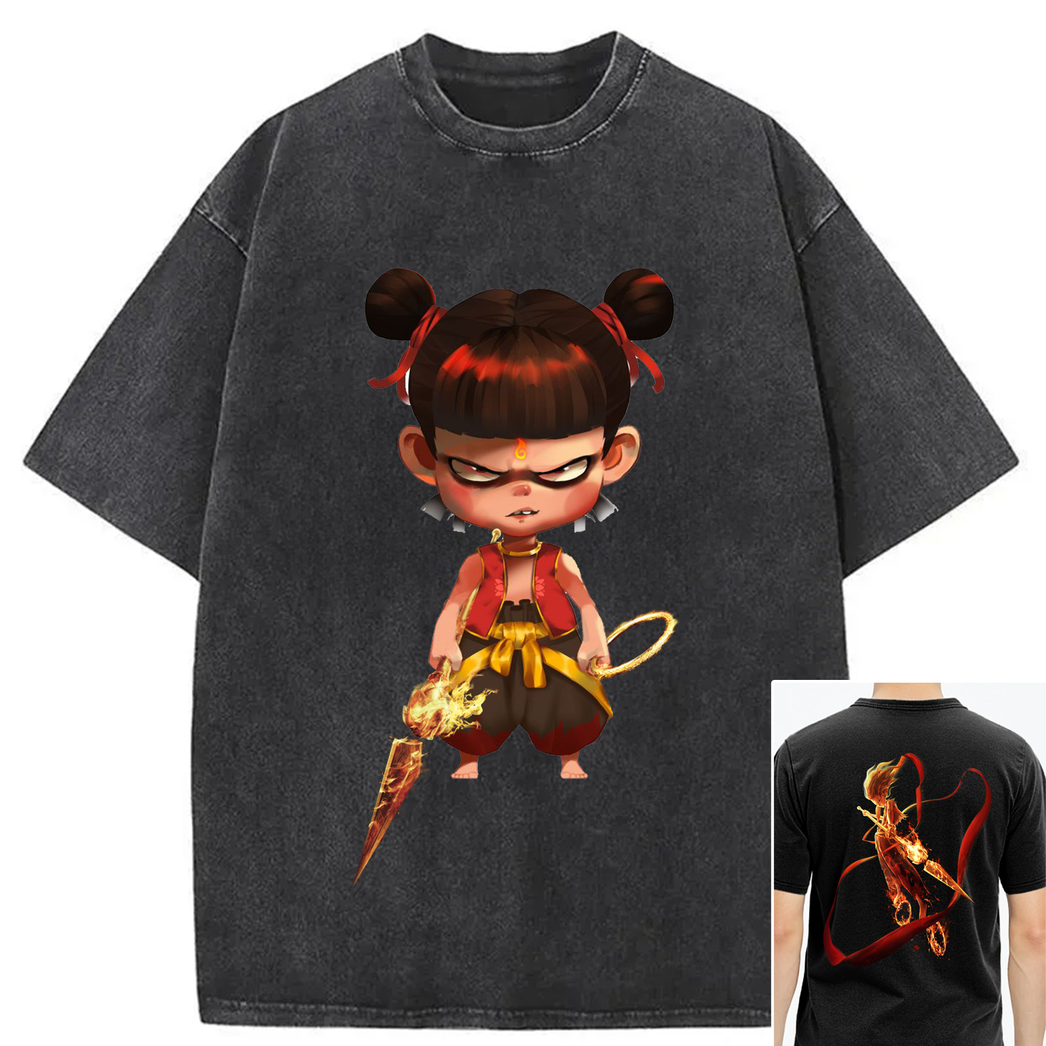 Nezha the Devil Boy Anime Art Design Washed T-Shirt Cool Graphic Tee For Men Women Gifts For Sister