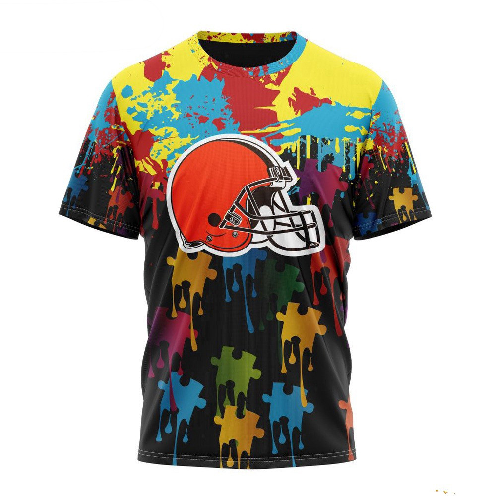 NFL Cleveland Browns Autism Awareness Design Football T-Shirt Gifts For Fans