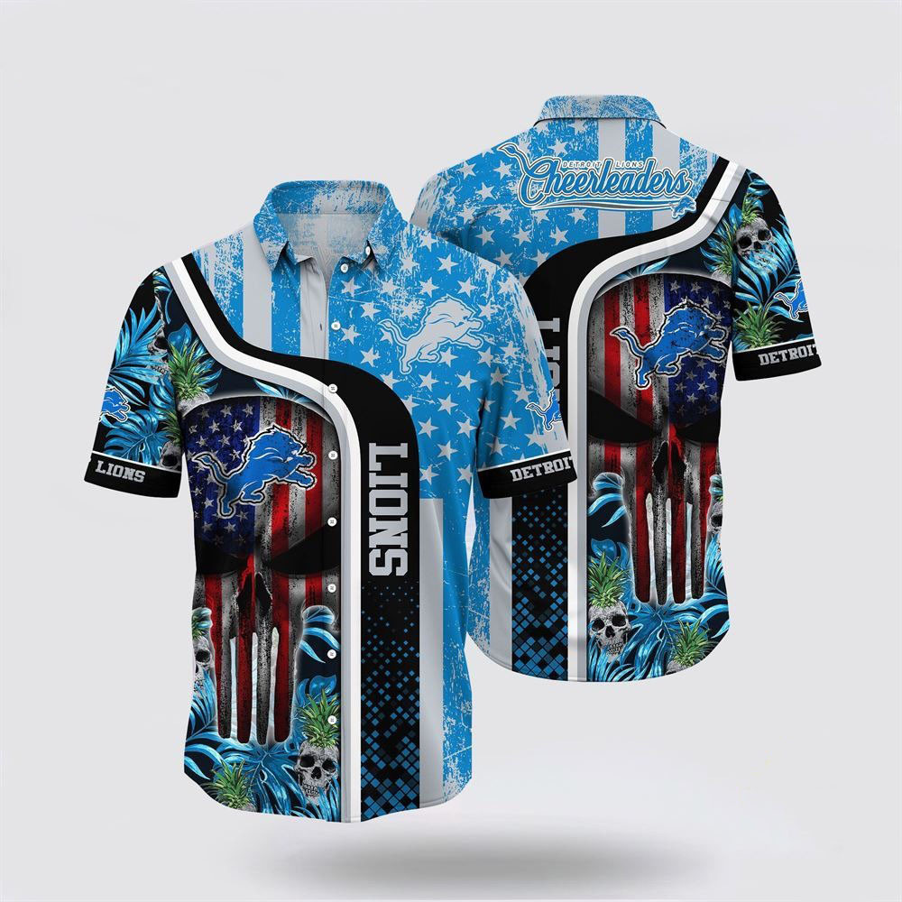 NFL Detroit Lions Hawaiian Shirt Skull American Flag Tropical Shirt Gifts For Fan