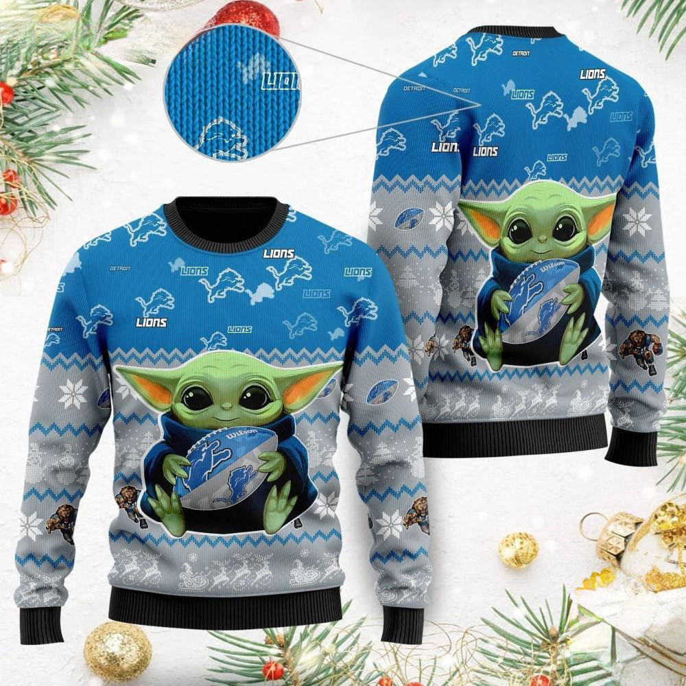 NFL Detroit Lions Ugly Christmas Sweater Baby Yoda Print Sweater Gifts For Fan