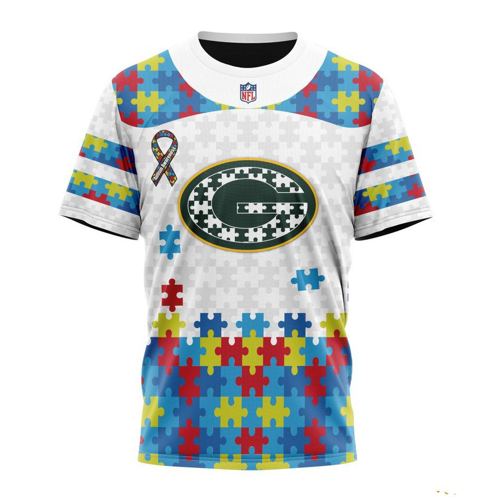 NFL Green Bay Packers Autism Awareness Design T-Shirt Best Gifts For NFL Fans