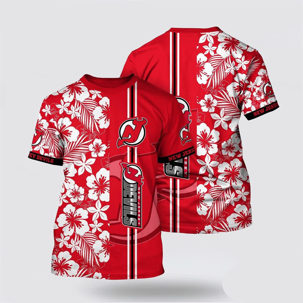 NHL New Jersey Devils Tropical Apricot Blossom Pattern Summer T-Shirt Gifts For Ice Hockey Fans