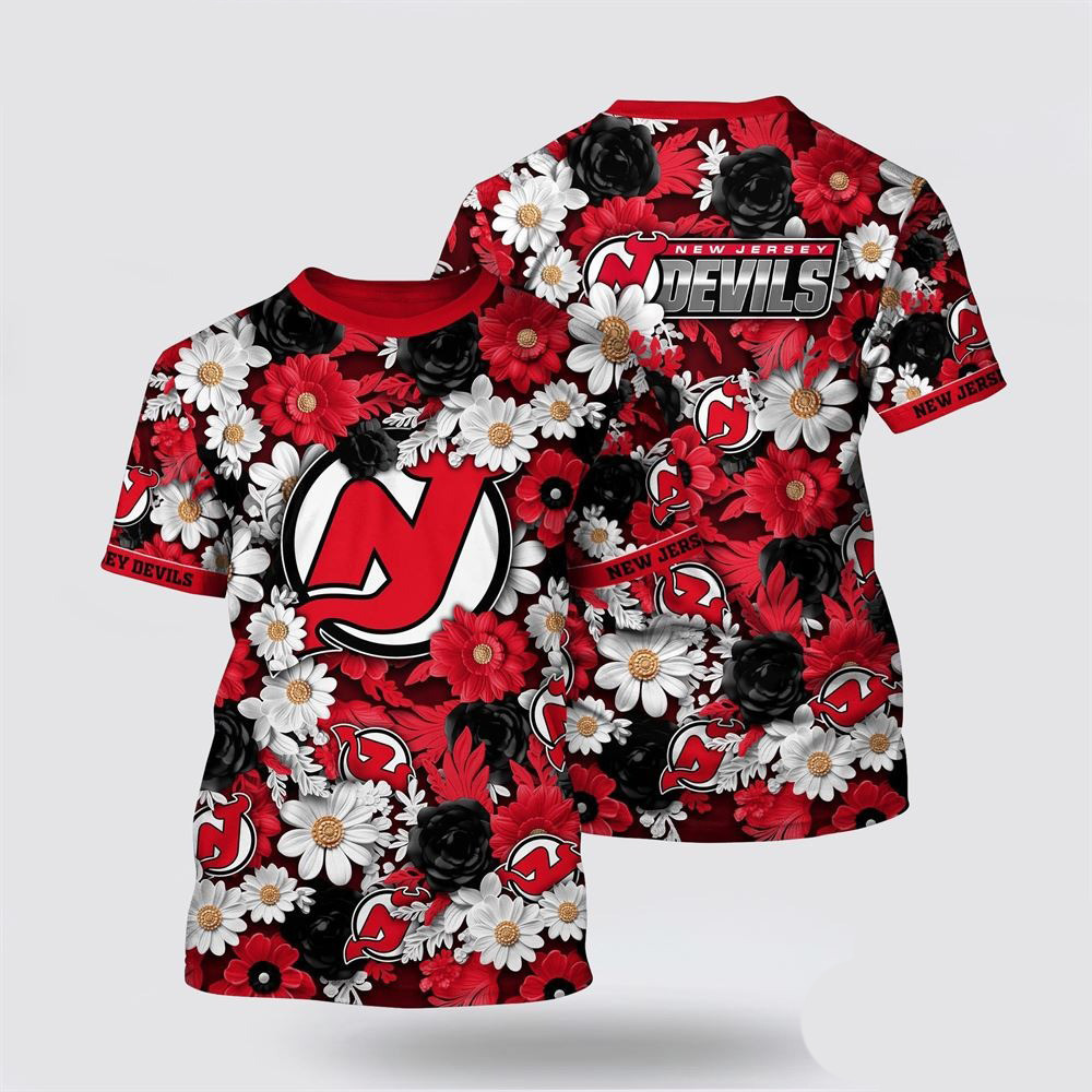 NHL New Jersey Tropical Begonia Flower Pattern Summer T-Shirt Good Gifts For Hockey Fans