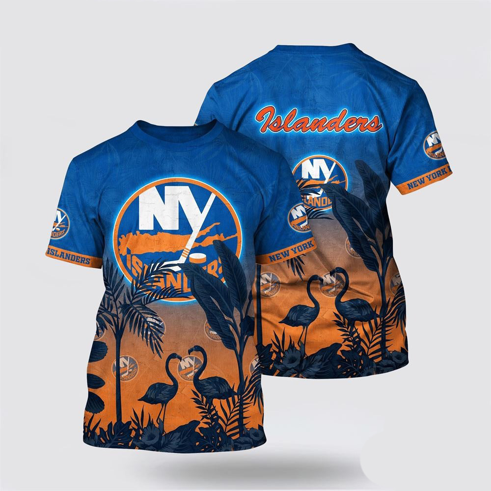 NHL New York Islanders Tropical Flamingo Pattern Summer T-Shirt Presents For Hockey Lovers