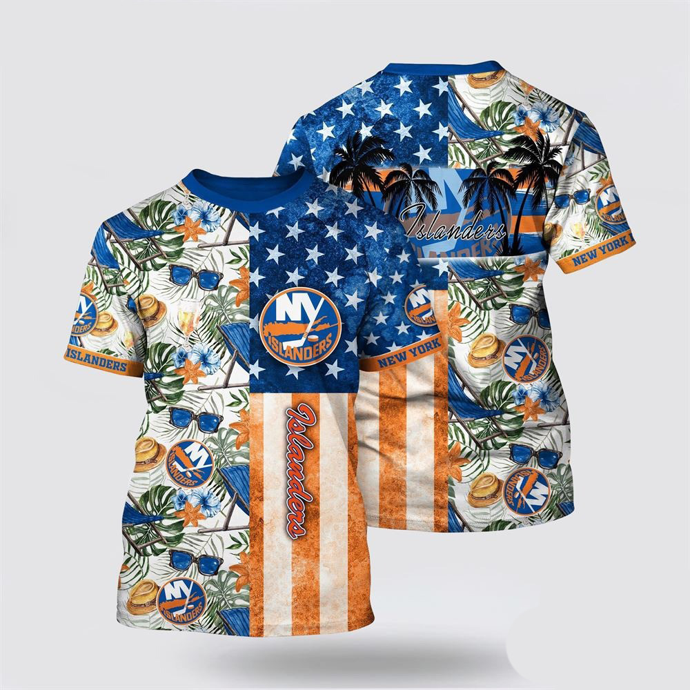 NHL New York Islanders Tropical Hat And Glasses Pattern Summer T-Shirt NHL Gifts For Fans