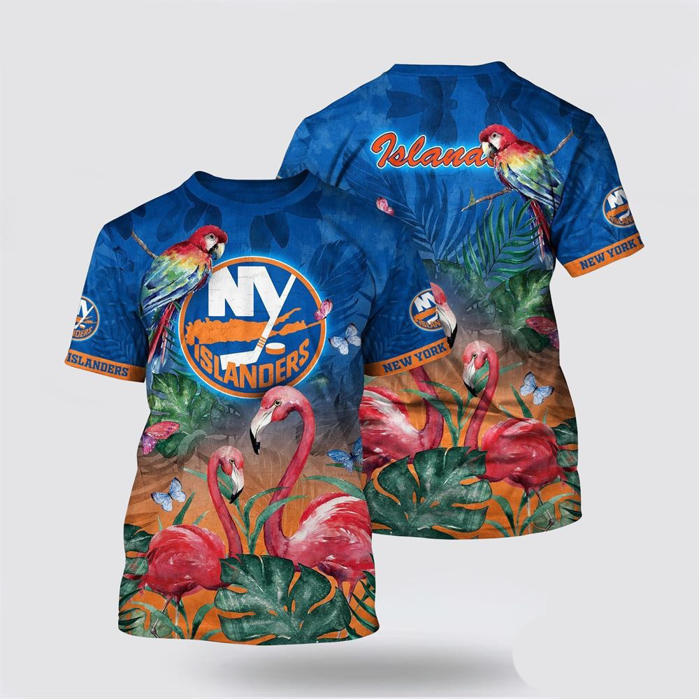 NHL New York Islanders Tropical Parrot And Flamingo Motifs Summer T-Shirt Gifts For Hockey Fan