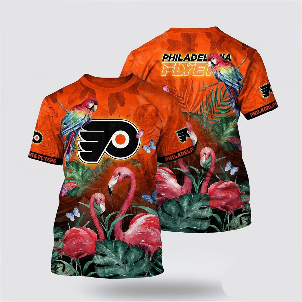 NHL Philadelphia Flyers Tropical Parrot And Flamingo Motifs Summer T-Shirt NHL Gifts For Fans